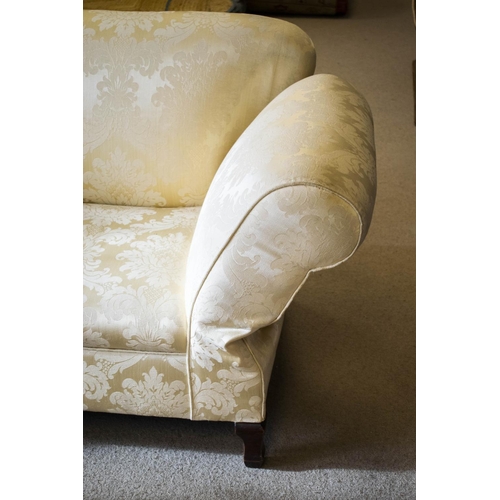 209 - DROP END SOFA, 73cm H x 164cm W, Edwardian mahogany in cream damask with adjustable arm.