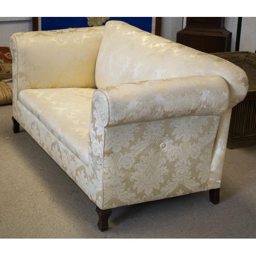 209 - DROP END SOFA, 73cm H x 164cm W, Edwardian mahogany in cream damask with adjustable arm.