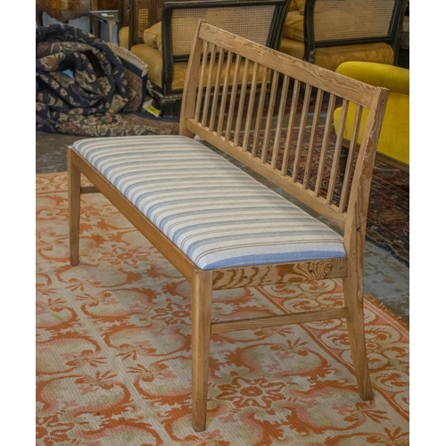 211 - BENCH, 85cm H x 133cm, 20th century pitch pine with striped seat.