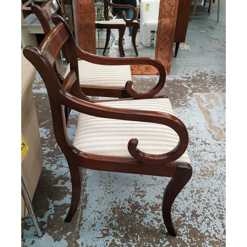 213 - DINING CHAIRS, a set of eight, 86cm H, Regency style with drop in striped upholstered seats. (8)