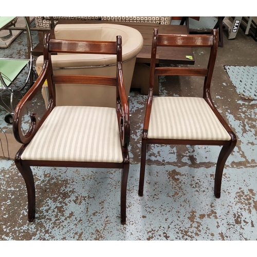 213 - DINING CHAIRS, a set of eight, 86cm H, Regency style with drop in striped upholstered seats. (8)