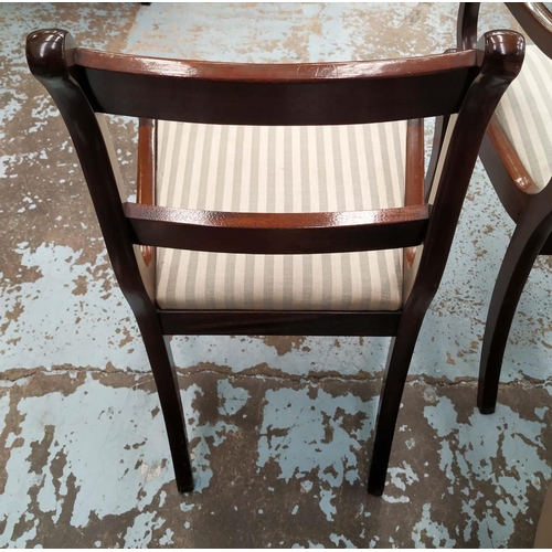 213 - DINING CHAIRS, a set of eight, 86cm H, Regency style with drop in striped upholstered seats. (8)