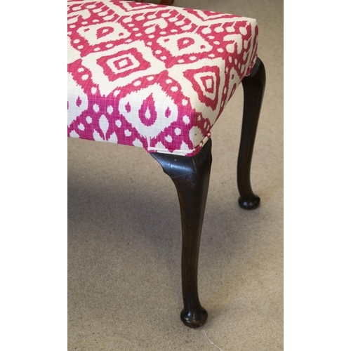 214 - STOOL, 52cm H x 108cm W x 50cm D, Queen Anne style in magenta and white patterned fabric.