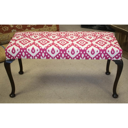 214 - STOOL, 52cm H x 108cm W x 50cm D, Queen Anne style in magenta and white patterned fabric.