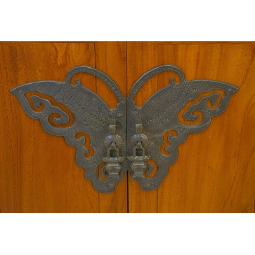 216 - BEDSIDE CABINETS, a pair, 60cm H x 54cm x 40cm, Chinese elm of two doors, with butterfly escutcheons... 