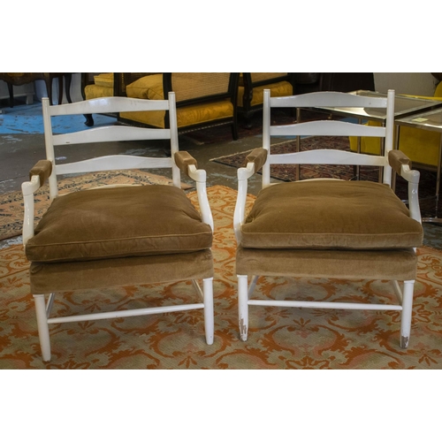 217 - ARMCHAIRS, 81cm H x 66cm, a pair, 20th century white painted with velour upholstery. (2)