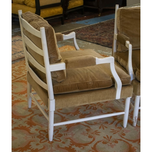 217 - ARMCHAIRS, 81cm H x 66cm, a pair, 20th century white painted with velour upholstery. (2)