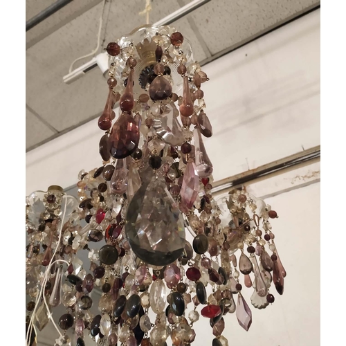 232 - CHANDELIER, 107cm H, three branches, with coloured droplets.