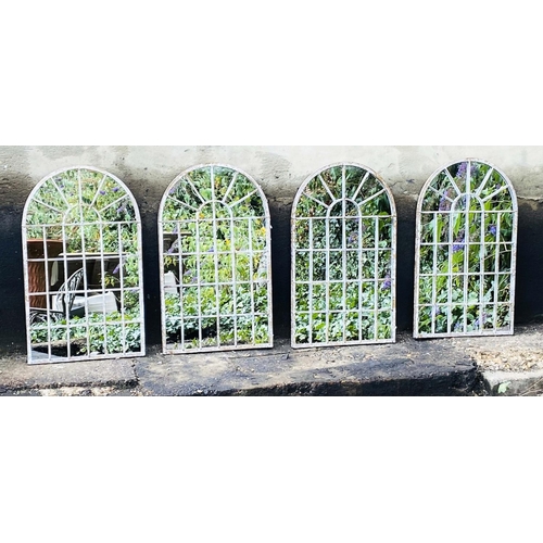 352 - ARCHITECTURAL GARDEN MIRRORS, 60cm high, 36cm wide, set of four, Georgian style, distressed metal fr... 