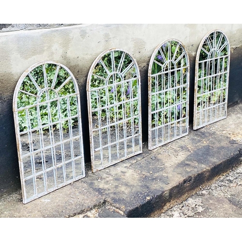 352 - ARCHITECTURAL GARDEN MIRRORS, 60cm high, 36cm wide, set of four, Georgian style, distressed metal fr... 