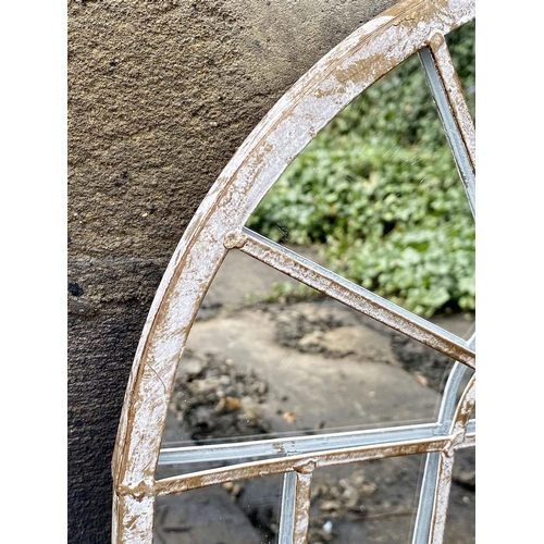 352 - ARCHITECTURAL GARDEN MIRRORS, 60cm high, 36cm wide, set of four, Georgian style, distressed metal fr... 