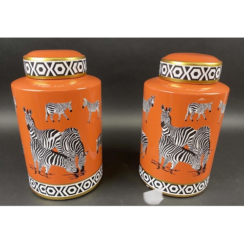 354 - CERAMIC GINGER JARS, pair, each measuring 30cm high, 17cm diameter, zebra print pattern design on or... 