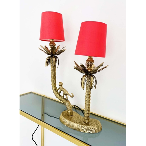 356 - TABLE LAMP, 50cm H x 33cm W x 15cm D, gilt metal stand in the form of palm trees with a climbing mon... 