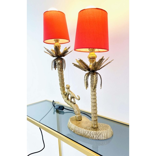 356 - TABLE LAMP, 50cm H x 33cm W x 15cm D, gilt metal stand in the form of palm trees with a climbing mon... 