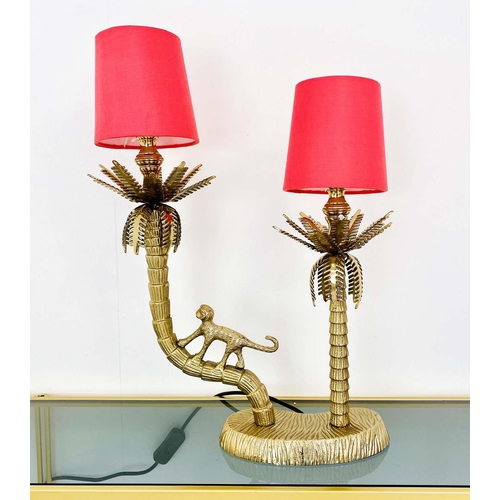 356 - TABLE LAMP, 50cm H x 33cm W x 15cm D, gilt metal stand in the form of palm trees with a climbing mon... 