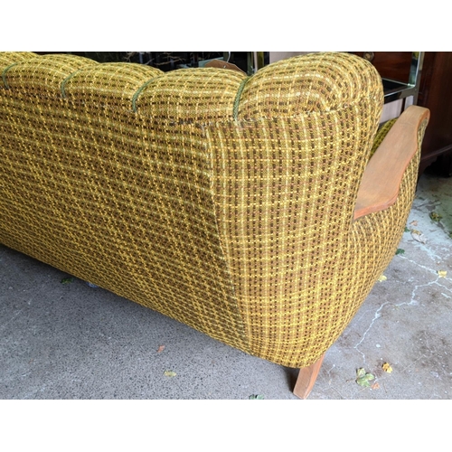 364 - SOFA, vintage 1970's teak, scalloped back, woven upholstered, 170cm W.