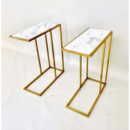 369 - MARTINI TABLES, pair, 66cm high, 46cm wide, 22cm deep, gilt metal frames with white marble inset top... 