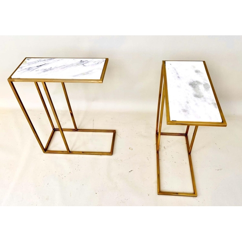 369 - MARTINI TABLES, pair, 66cm high, 46cm wide, 22cm deep, gilt metal frames with white marble inset top... 