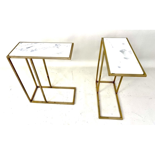 369 - MARTINI TABLES, pair, 66cm high, 46cm wide, 22cm deep, gilt metal frames with white marble inset top... 