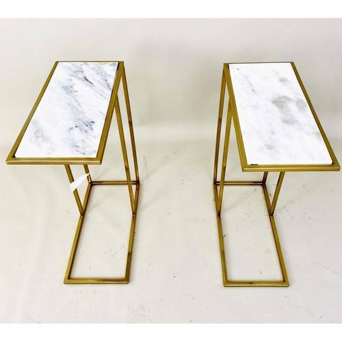 369 - MARTINI TABLES, pair, 66cm high, 46cm wide, 22cm deep, gilt metal frames with white marble inset top... 