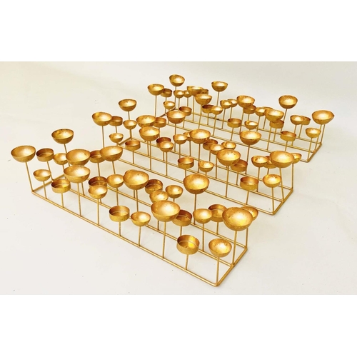 370 - MULTI TEA LIGHT HOLDERS, set of three, each measuring 13cm high, 56cm wide, 18cm deep, gilt metal, e... 