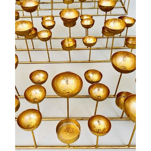 370 - MULTI TEA LIGHT HOLDERS, set of three, each measuring 13cm high, 56cm wide, 18cm deep, gilt metal, e... 