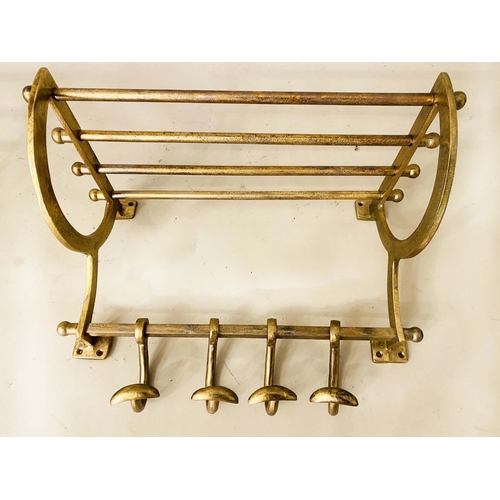 375 - WALL MOUNTING LUGGAGE RACKS, a pair, 35cm x 46cm x 27cm, gilt metal with run of coat hooks to the ba... 