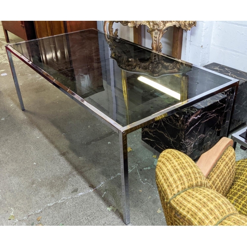 376 - DINING TABLE, 186.5cm x 96.5cm x 71cm, vintage 20th century, smoked glass two panel top, chromed sup... 