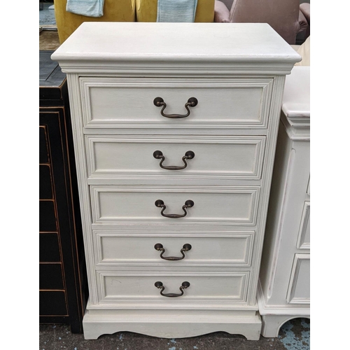 379 - TALL CHEST OF DRAWERS, 38cm x 60cm x 100cm H, five drawers in a cream painted finish.