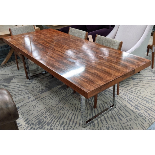 384 - ATTRIBUTED TO GORDON RUSSELL DINING TABLE, 91cm D x 214cm L x 74cm H, the rosewood top on polished m... 