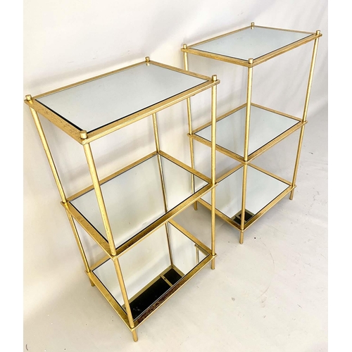 385 - ETAGERES, pair, 81cm high, 41cm wide, 31cm deep, of three tier form, with gilt metal frames and mirr... 