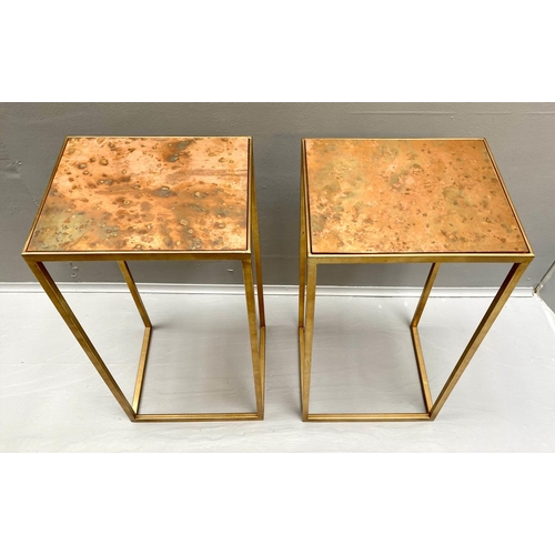 386 - SIDE TABLES, a pair, 1970s French Style, coppered tops, gilt metal frames, 57cm x30cm x25cm. (2)