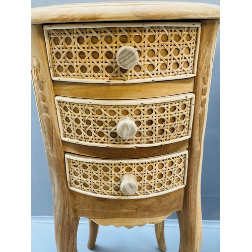 387 - BEDSIDE CHESTS, a pair, French style walnut with rattan detail, each with 3 drawers, 71cm x34cm x34c... 