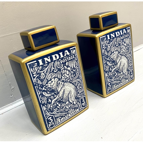 390 - GINGER JARS, a pair, glazed ceramic, with vintage style Indian postal print, 30cm x 17cm. (2)