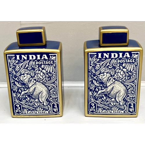 390 - GINGER JARS, a pair, glazed ceramic, with vintage style Indian postal print, 30cm x 17cm. (2)