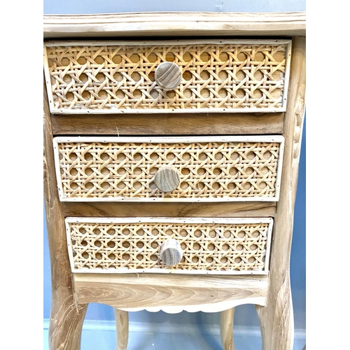 393 - BEDSIDE CHESTS, a pair, French style walnut with rattan detail, each with 3 drawers, 71cm x34cm x34c... 