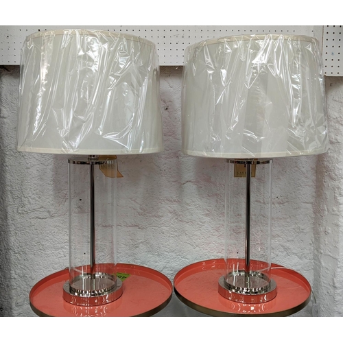 459 - LAUREN RALPH LAUREN TABLE LAMPS, a pair, 73cm H polished metal and glass with shades. (2)