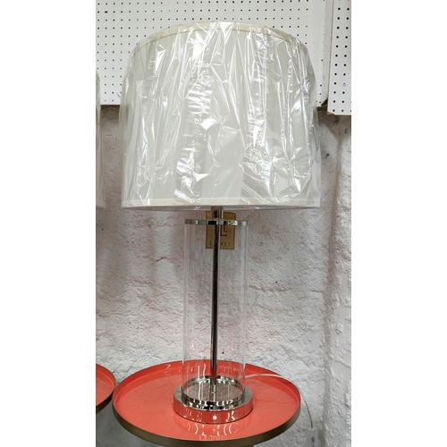 459 - LAUREN RALPH LAUREN TABLE LAMPS, a pair, 73cm H polished metal and glass with shades. (2)