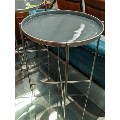 460 - SIDE TABLES, a pair, 45cm diam x 56cm H, grey lacquered tops, 1950's Italian style. (2)