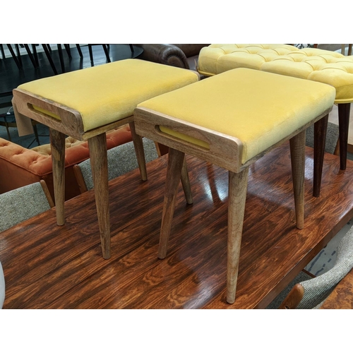 461 - STOOLS, a pair, 52cm x 37cm x 54cm, 1960's Danish style, yellow velvet seat cushions. (2)