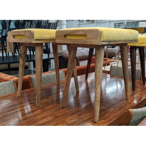 461 - STOOLS, a pair, 52cm x 37cm x 54cm, 1960's Danish style, yellow velvet seat cushions. (2)