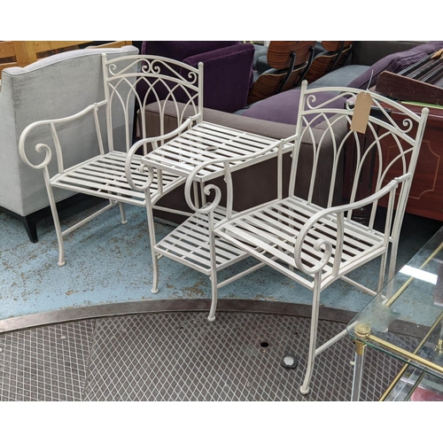 462 - GARDEN COMPANION SEAT, 155cm W French Provincial style painted metal.