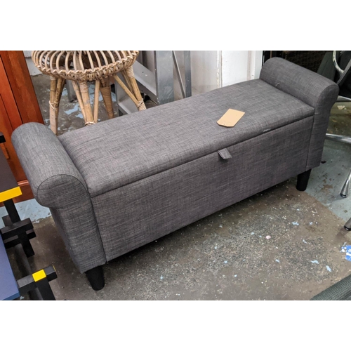 475 - STORAGE BENCH, 120cm W, grey fabric upholstered with lift up seat to reveal storage.