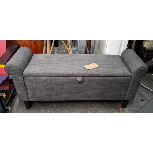 475 - STORAGE BENCH, 120cm W, grey fabric upholstered with lift up seat to reveal storage.