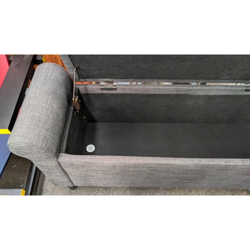 475 - STORAGE BENCH, 120cm W, grey fabric upholstered with lift up seat to reveal storage.