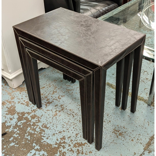 476 - NESTING TABLES, a set of three, leathered finish, 66cm x 40cm x 61cm at largest.