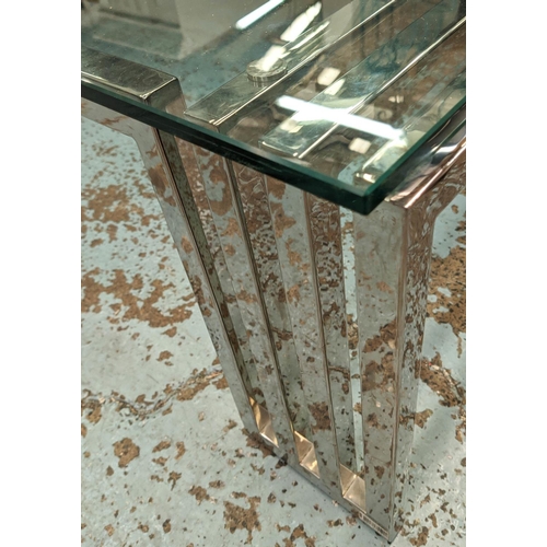 480 - LOW TABLE, 130cm x 70cm x 40cm, Bauhaus style, polished metal base, glass top.