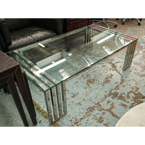 480 - LOW TABLE, 130cm x 70cm x 40cm, Bauhaus style, polished metal base, glass top.