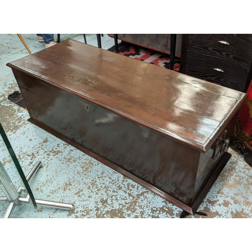 481 - BLANKET BOX, 150cm x 60cm x 50cm, dark stained finish, metal ring handle detail either end.