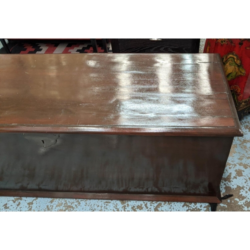 481 - BLANKET BOX, 150cm x 60cm x 50cm, dark stained finish, metal ring handle detail either end.